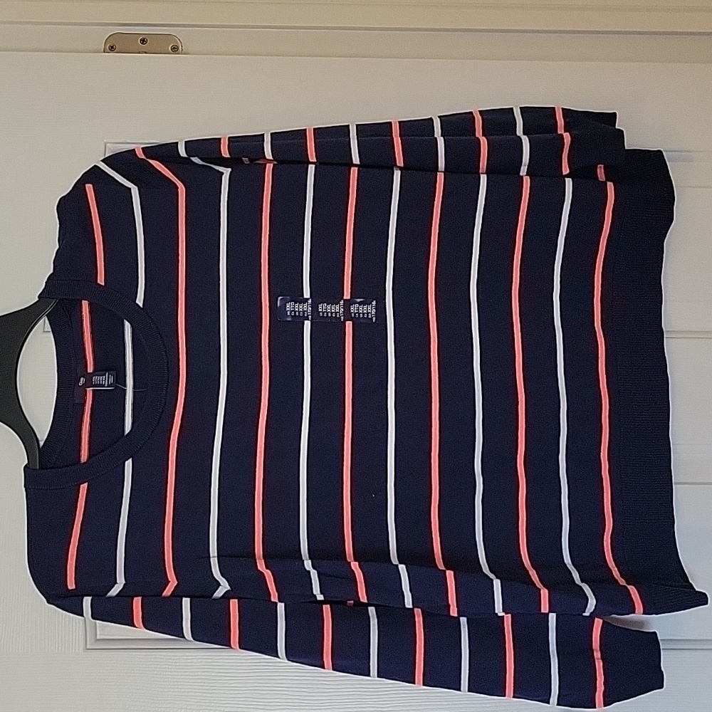 Navy Blue with White and Coral Stripes Sweater
